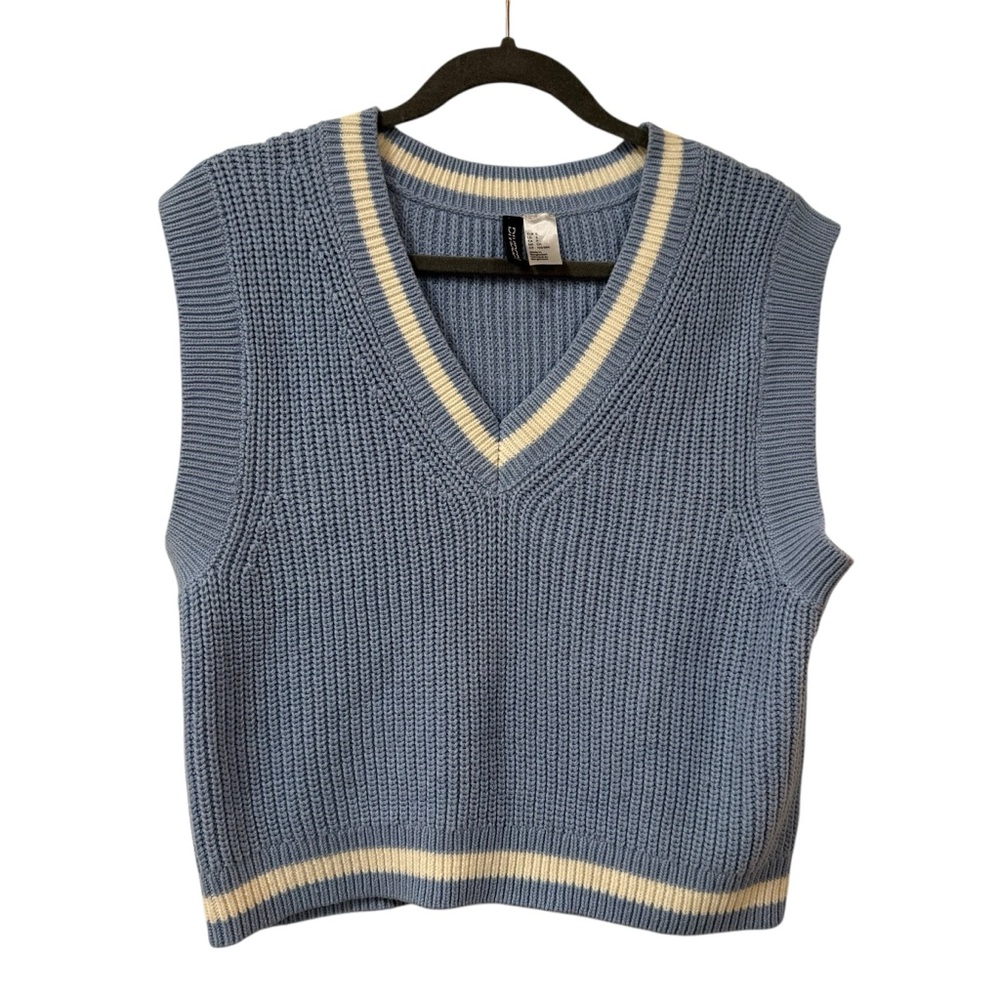 Chunky knit collegiate sweater vest blue cream womens SMALL Y2K preppy